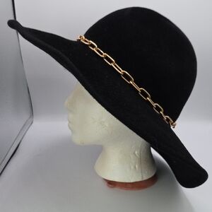 Frank Olive Neiman Marcus Vintage Black Felt Wide-Brim Hat  Gold Chain 21 1/2"